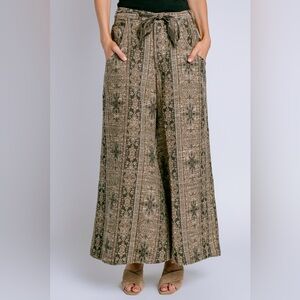 New Free People Dahlia Jacquard Bohemian Tapestry Wide Leg Flare Belted Pants